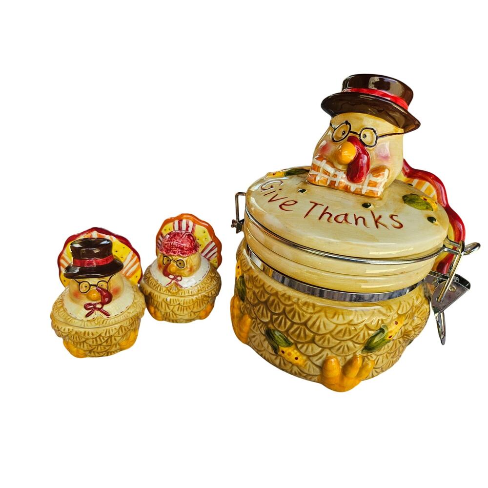 Give Thanks Turkey family canister & 2 candle holders Thanksgiving 6.5x6.5 #49 - Picture 8 of 11